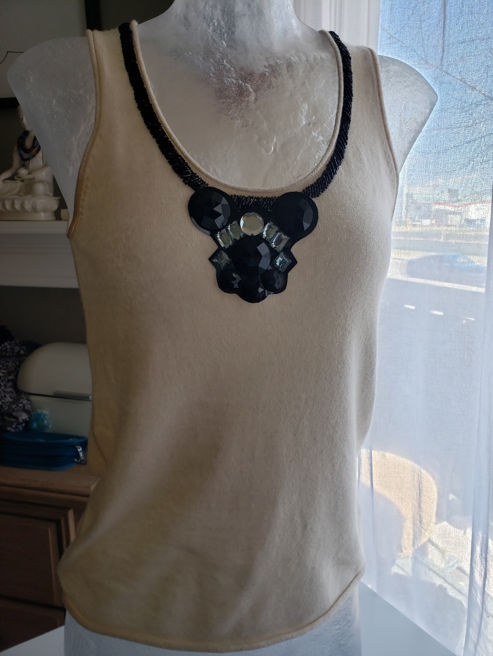 Tory Burch 100% Cashmere Elegant Cream Sleeveless Top with Black Accents